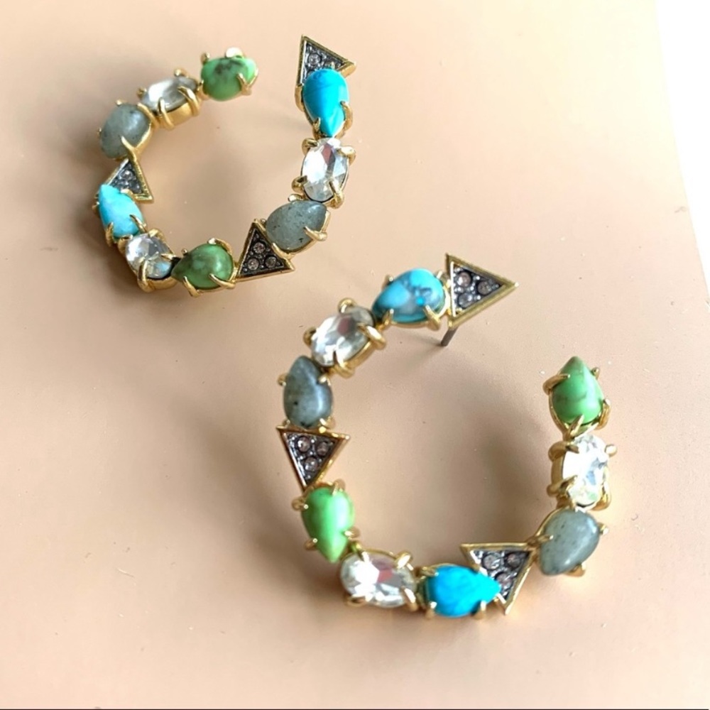 ALEXIS BITTAR• Gold Blue Green Multi-Stone Labradorite Turquoise Coiled Earrings - Picture 10 of 14